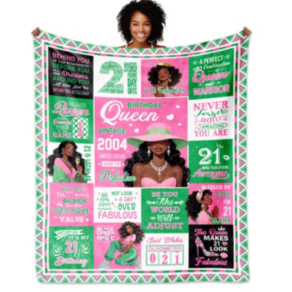 NWT 21st Birthday Blanket for Her Green & Pink Decor Sofa Blanket 60×50 in
